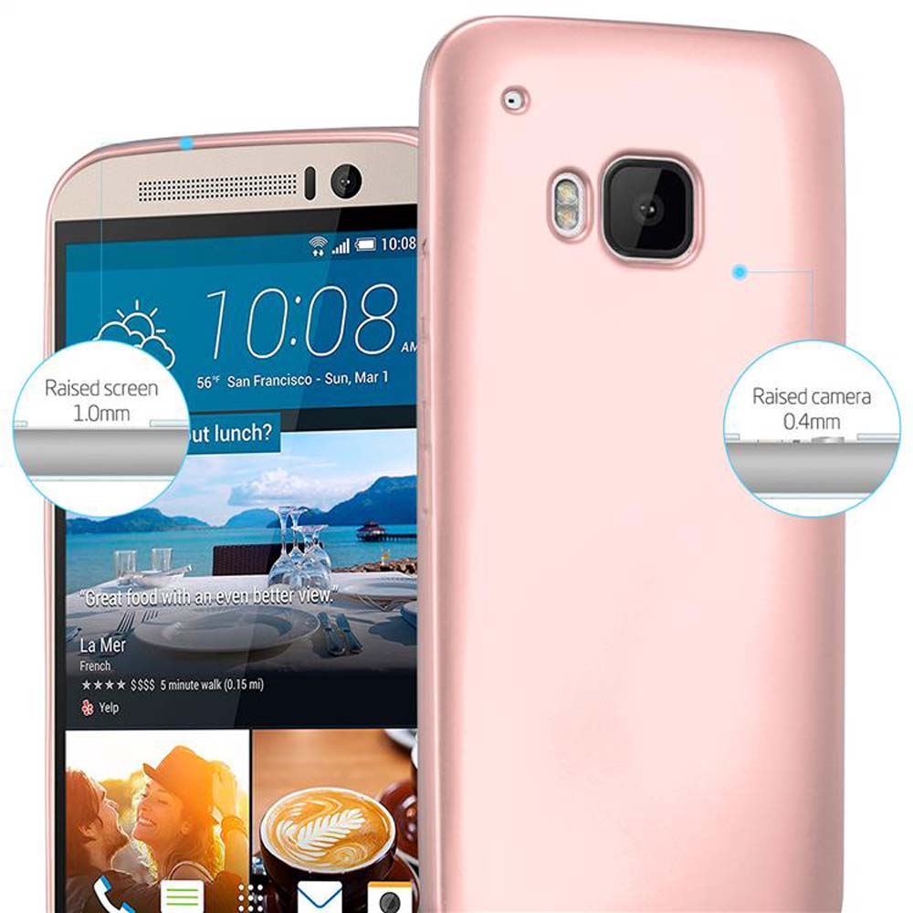 Telefono rosa con custodia rosa, testi sullo schermo. Testo: Schermo rialzato, fotocamera rialzata.