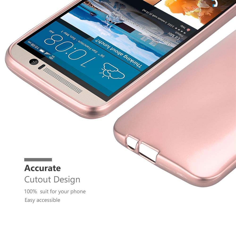 Un telefono in una custodia color oro rosa accanto a una custodia. Testo: 'Accurate Cutout Design'.
