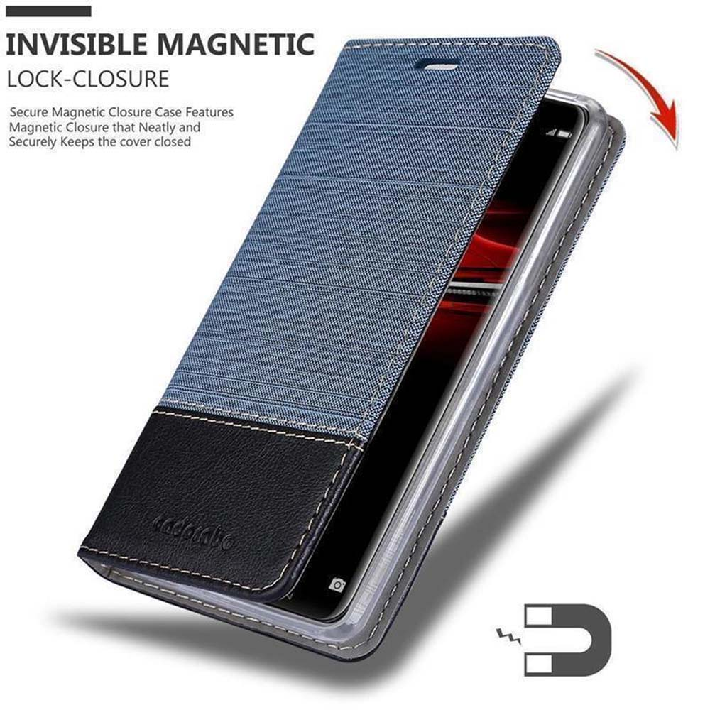 Custodia per telefono in denim aperta. Testo: Chiusura magnetica invisibile. Il telefono è dentro.