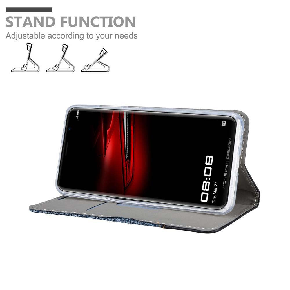 Un telefono in una custodia, sollevato. Lo schermo mostra l'ora. Testo: 'STAND FUNCTION'.