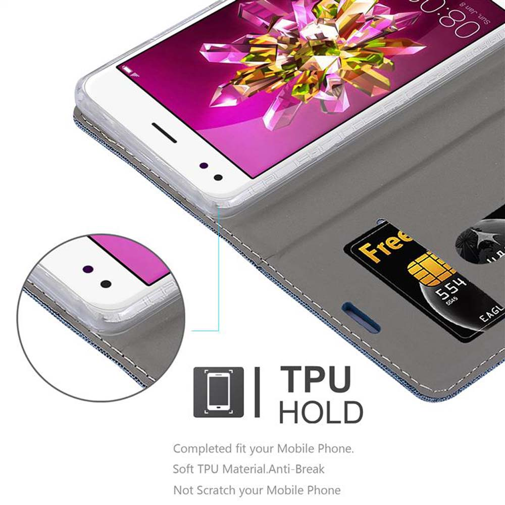 Telefono con custodia. Testo: TPU Hold, vestibilità completa. Carta e telefono con schermo. Custodia bianca e blu.