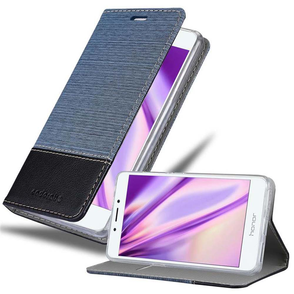 Custodia per telefono blu e nera con due telefoni, uno aperto, con schermo viola.