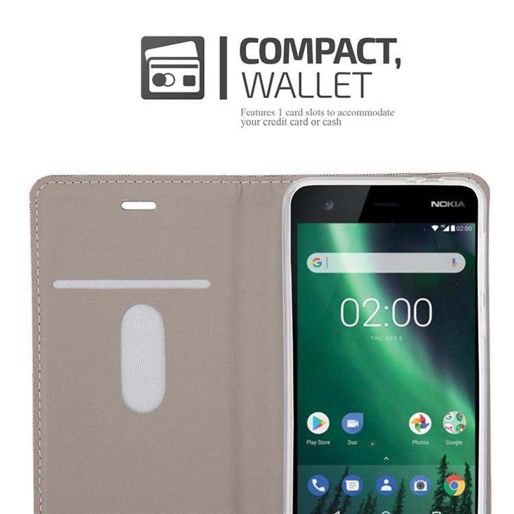 Telefono in una custodia a portafoglio con fessura per carte. Il telefono mostra l'ora. Compatto, portafoglio.