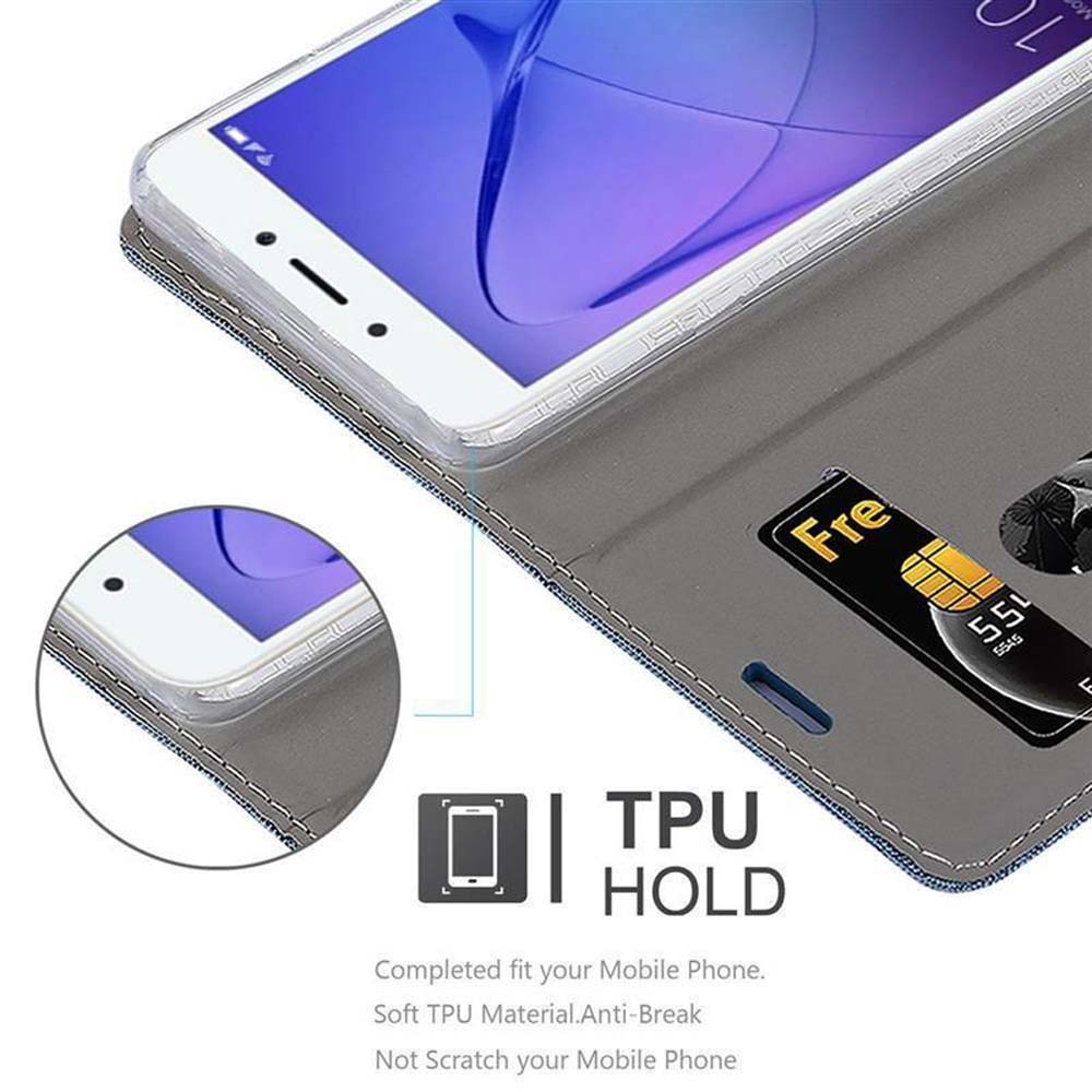 Un telefono in una custodia grigia con uno schermo che mostra l'ora e i dettagli. La custodia ha uno slot per schede.