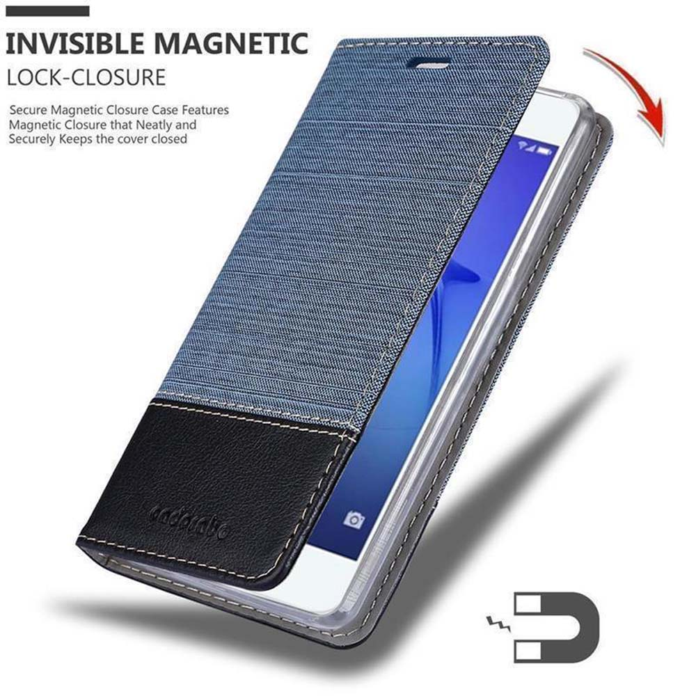 Telefono in una custodia blu, parzialmente aperto, che mostra la chiusura magnetica.