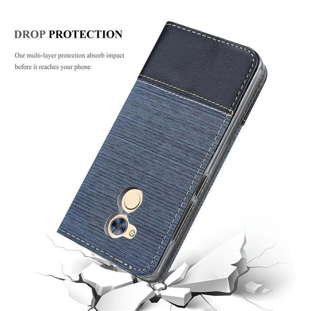Custodia per telefono blu e nera, protezione dalle cadute. Forma del telefono visibile.