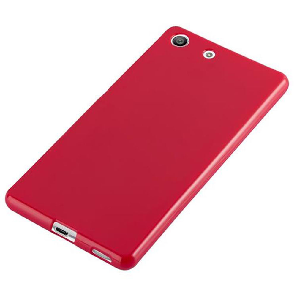 Custodia rossa per telefono con foro fotocamera, vista dall'alto.