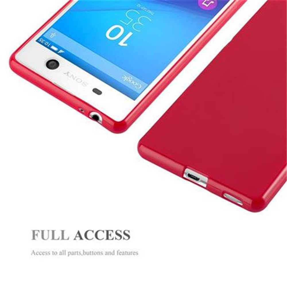 Una custodia rossa con un telefono all'interno, che mostra l'accesso completo a parti, pulsanti e funzioni.
