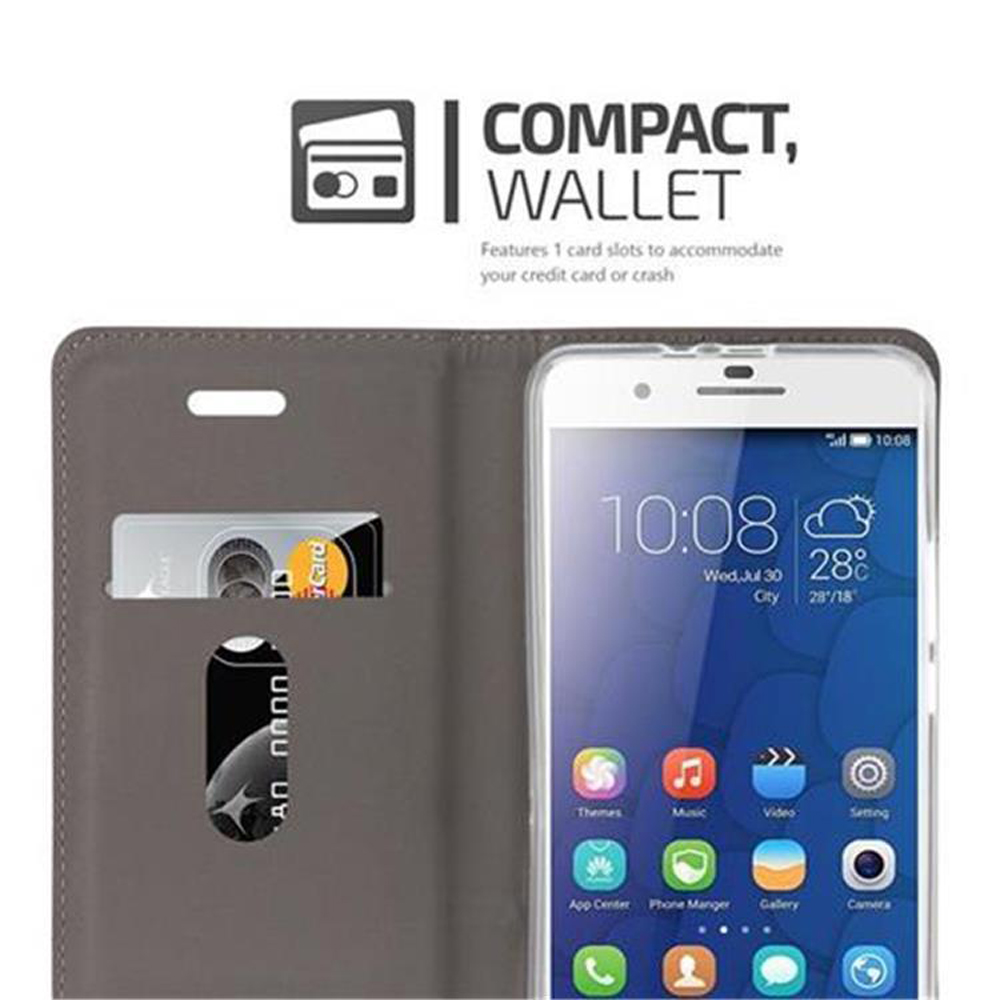 Telefon in einer Brieftasche, die Bildschirm und Kartenfächer zeigt. Etui ist offen mit Text: 'Kompakt, Brieftasche'.