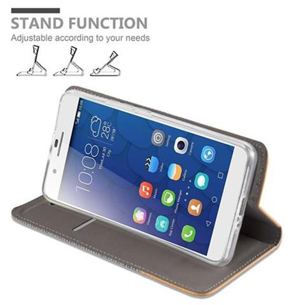 Telefon in einer Hülle. Telefonbildschirm an, zeigt Uhrzeit und Symbole. Standfunktion-Text.