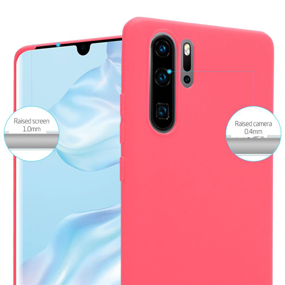 Rosa Telefon und Handyhülle. Die Handyhülle hat einen erhöhten Bildschirm und eine Kamera. Weißer Hintergrund.