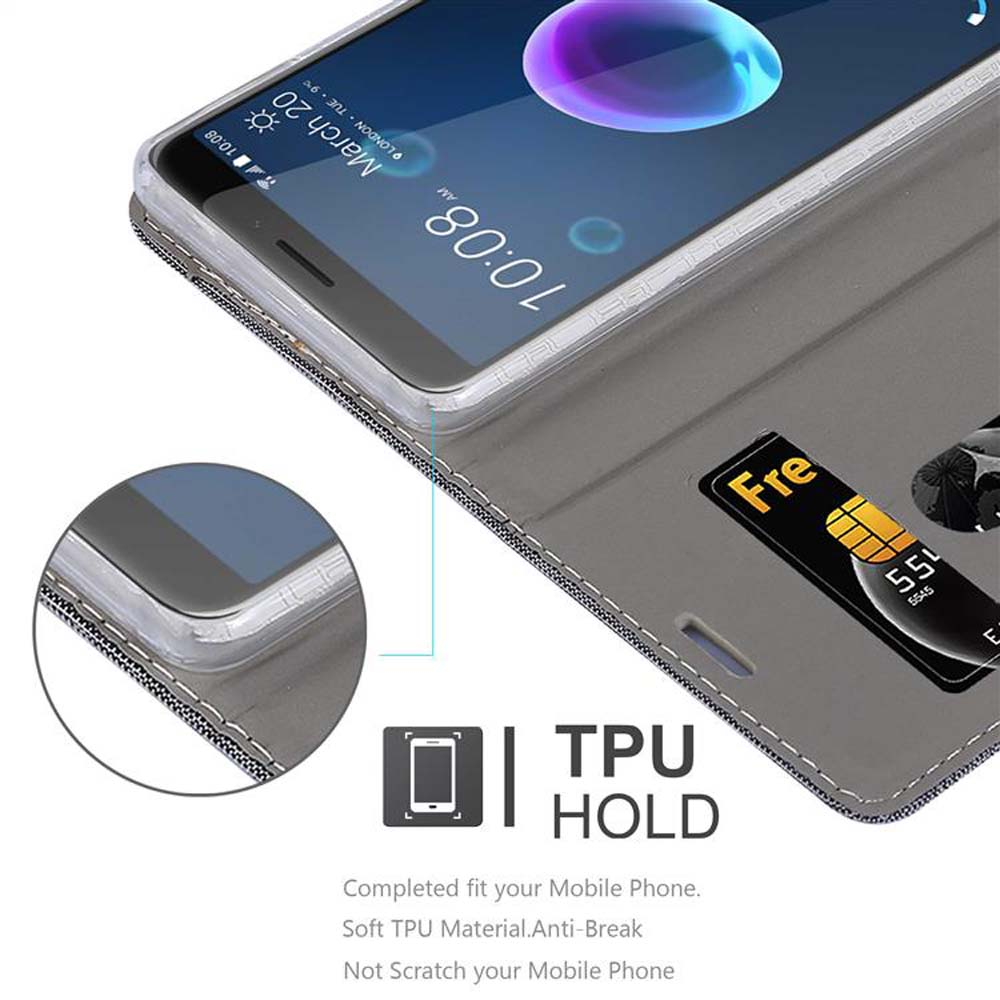 Ein Telefon in einer Hülle zeigt die Zeit an. Die Hülle ist geöffnet. Die Hülle ist grau mit einer Karte.
