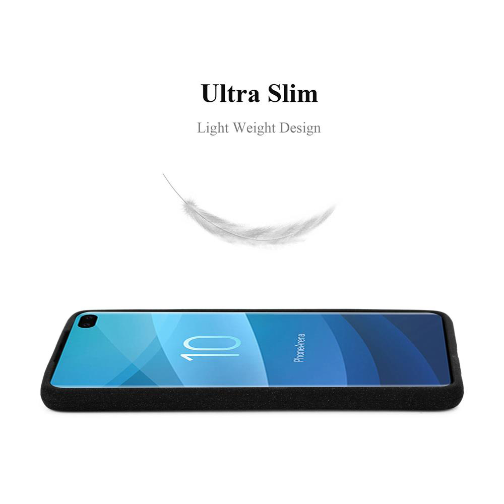 Telefon mit blauem Bildschirm. Eine weiße Feder schwebt über dem Telefon. Der Text lautet ultradünn.