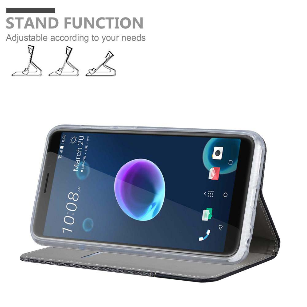 Ein Telefon wird in einer Hülle angezeigt, die sich in einer Standposition befindet. Das Telefon zeigt Uhrzeit, Datum und eine farbenfrohe Anzeige.