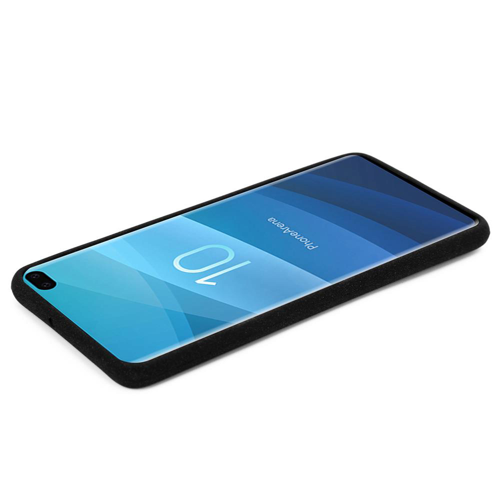 Schwarze Handyhülle mit Telefon. Das Telefon ist sichtbar, mit dem Wort 'PhoneArena'.