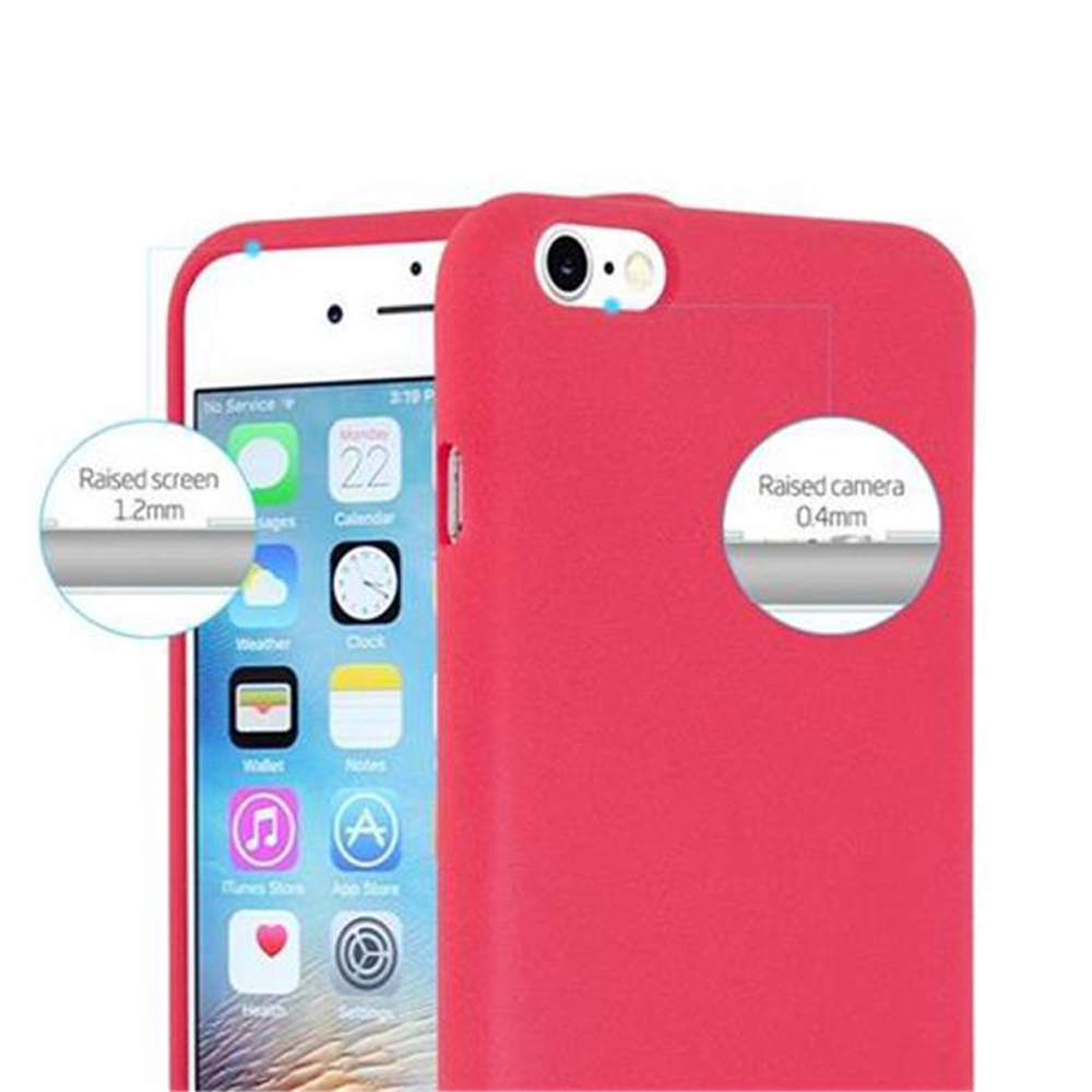 Custodia rossa con telefono all'interno. Bordi dello schermo e della fotocamera rialzati.