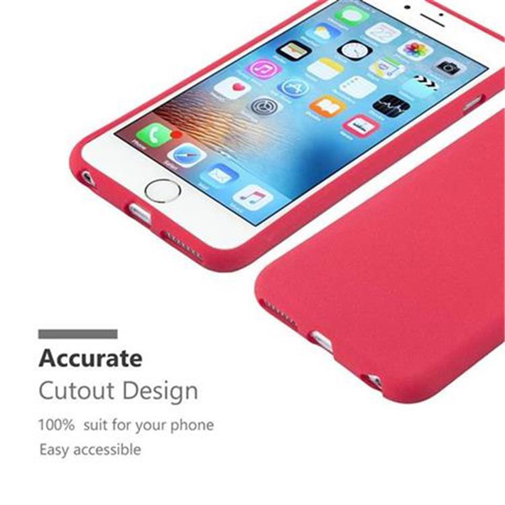 Telefono rosso e custodia rossa. Testo: Design accurato del ritaglio. Telefono e custodia sono vicini.