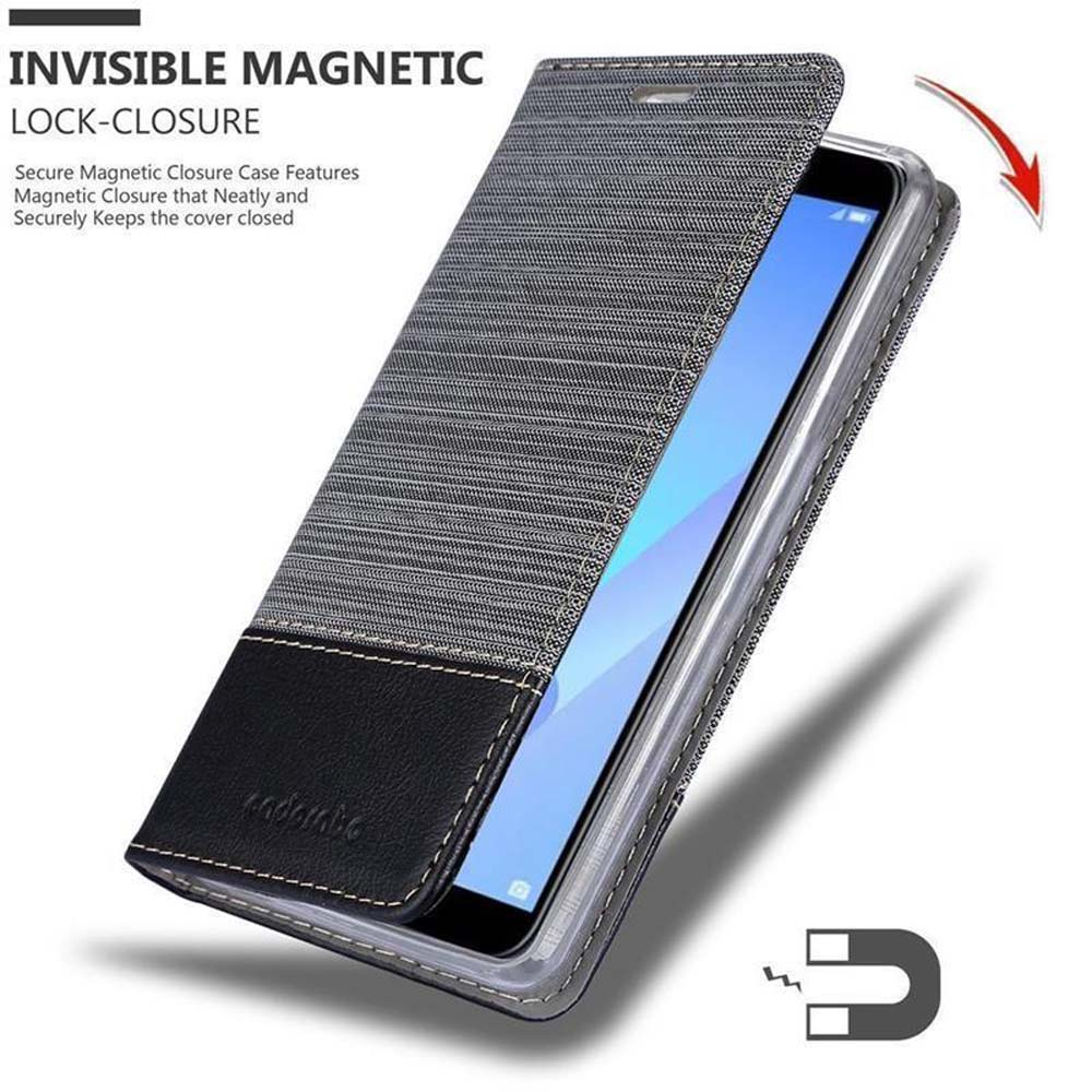 Un telefono in una custodia grigia è aperto, mostrando uno schermo. È presente un simbolo di calamita.