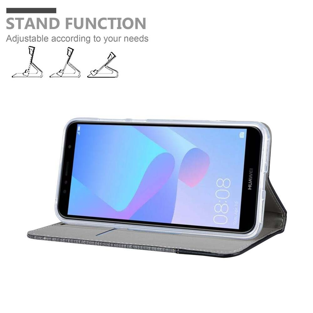 Smartphone in una custodia, puntellato. Testo: 'STAND FUNCTION'.