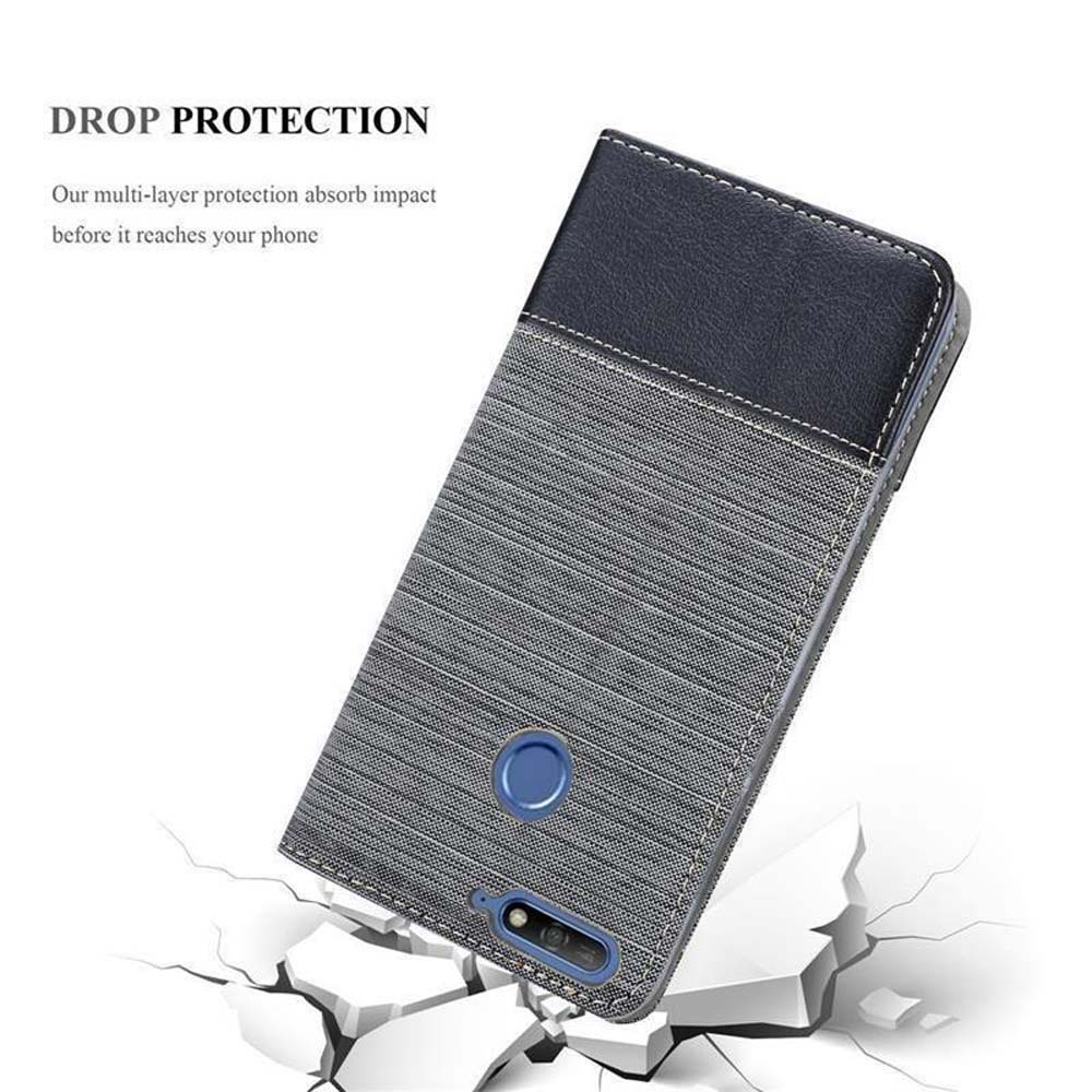 Custodia per telefono con un motivo blu-grigio, con testo che dice DROP PROTECTION.
