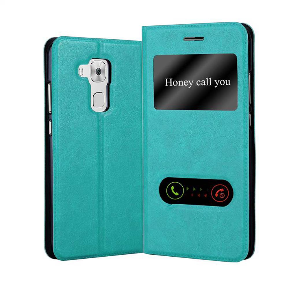 Funda turquesa abierta, mostrando pantalla con 'Honey call you' y botones.
