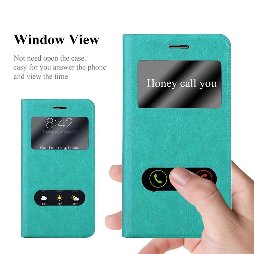 Funda de teléfono turquesa con ventana. La hora es 8:42. Tiene una pantalla con notificación de llamada.