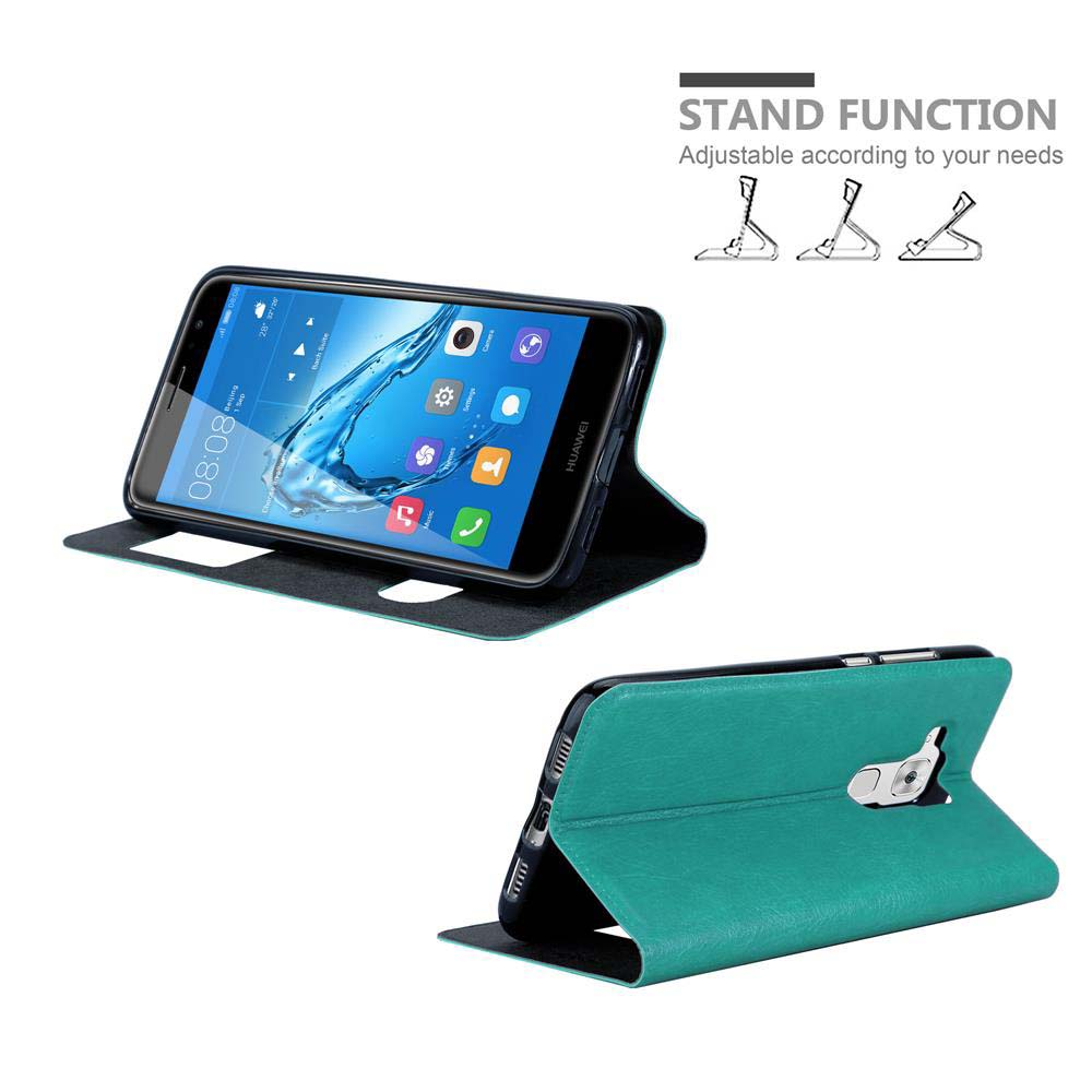 Funda teal, abierta, con teléfono. Diagrama de función de soporte.