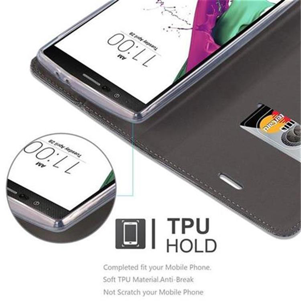 Ein Telefon mit dem Bildschirm, in einer Hülle, mit Detailansicht eines Kartenfachs.