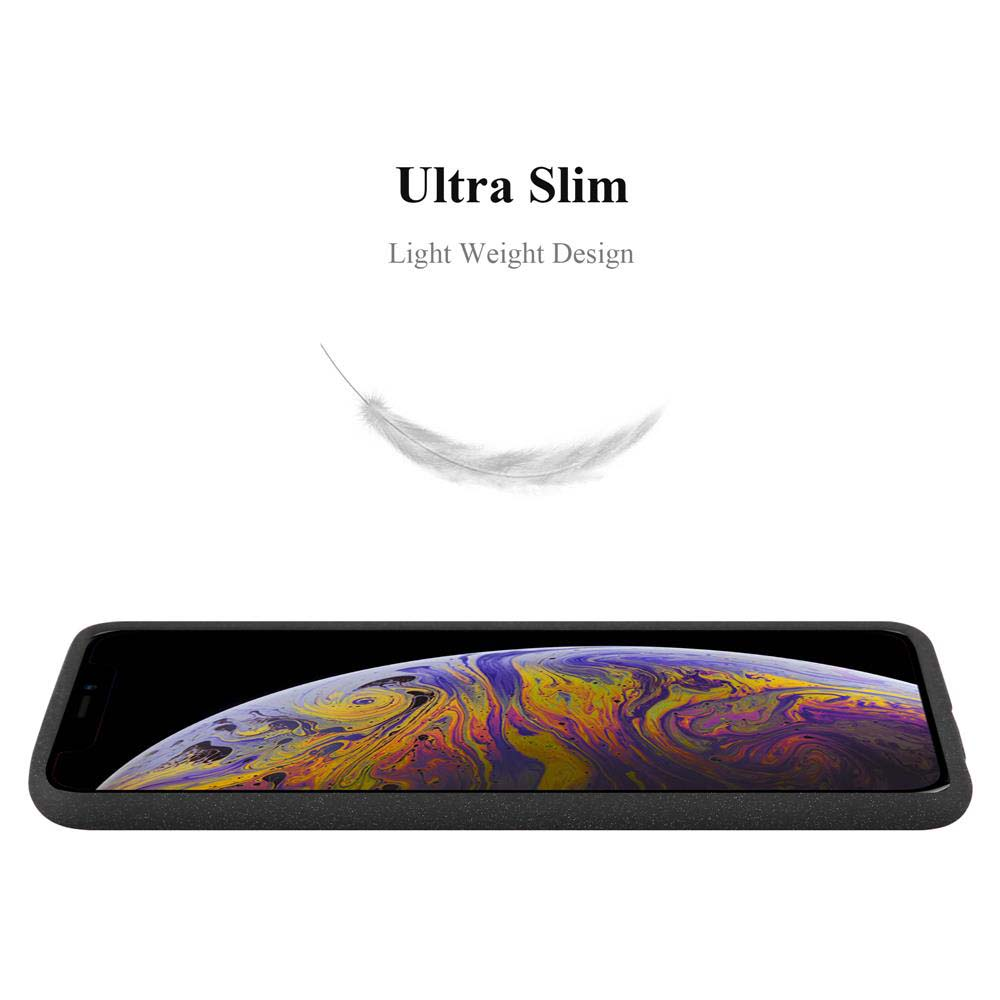 Custodia per telefono con telefono all'interno. Testo Ultra Slim. Grafica di piuma. Telefono nero, sfondo bianco.