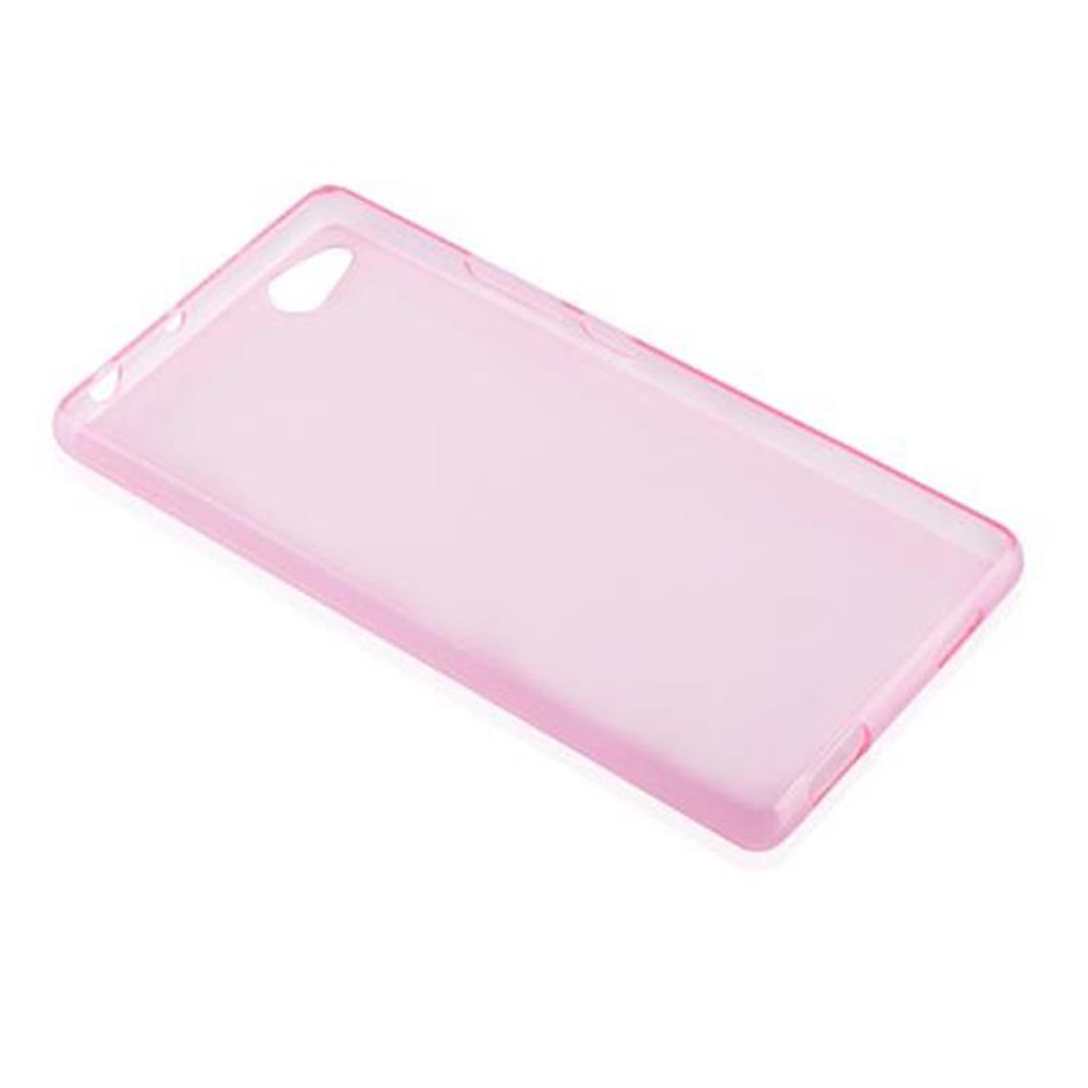Funda de teléfono rosa transparente. La funda es rectangular y tiene aberturas para la cámara y los botones.