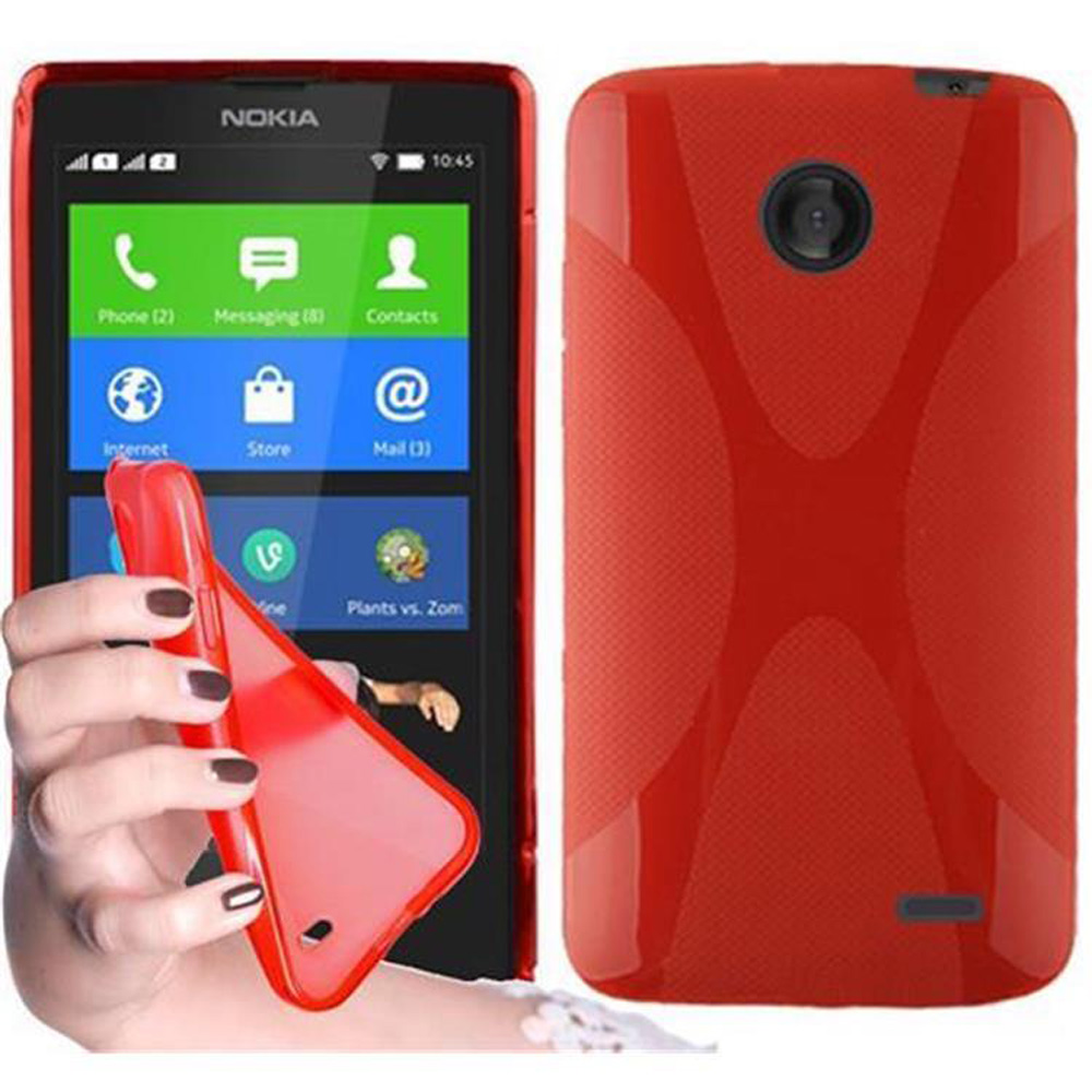 Un telefono con una custodia rossa e una custodia separata. Lo schermo mostra l'interfaccia. Lo sfondo è bianco.