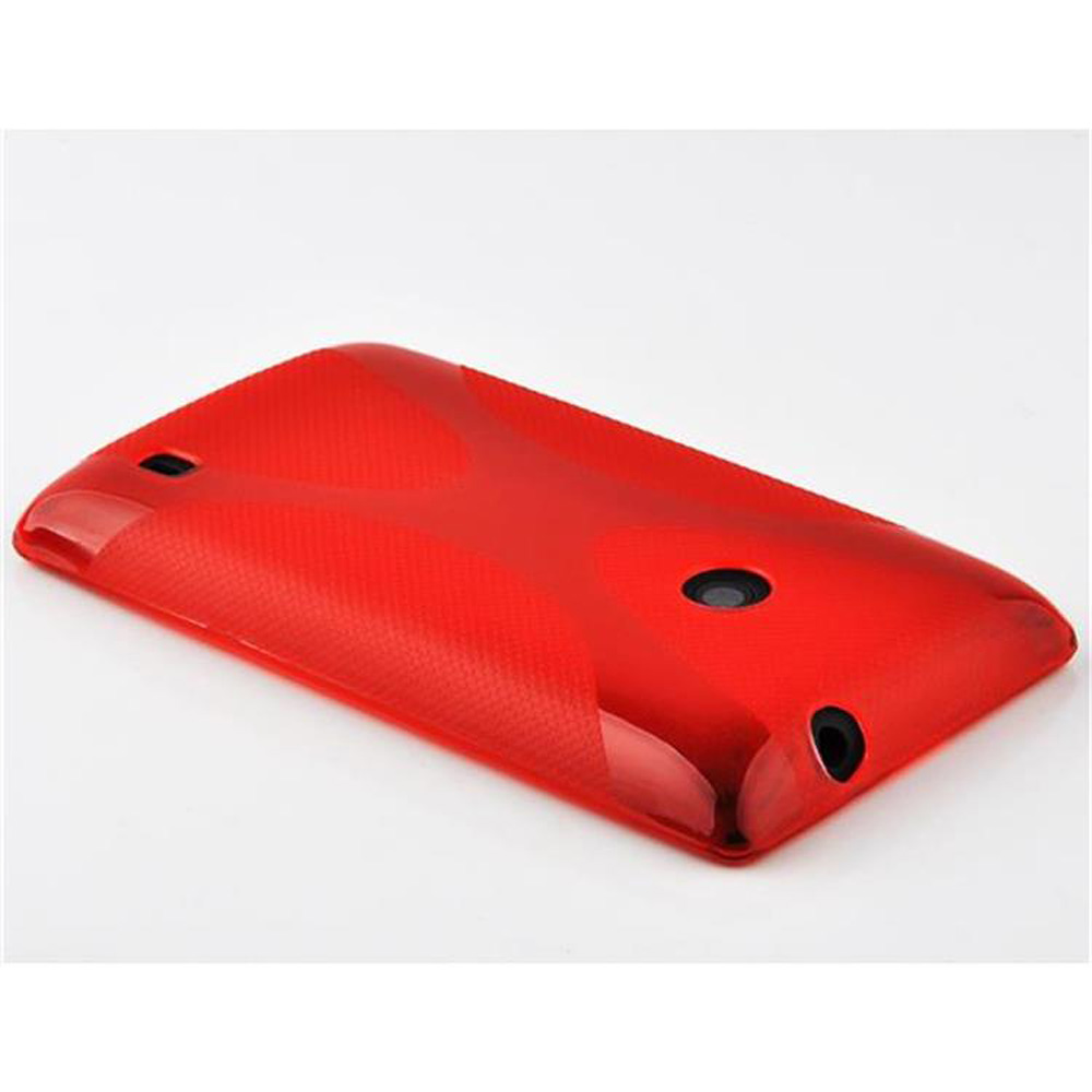 Cover posteriore rossa per telefono. Ha fori per fotocamera e altre porte. È su una superficie bianca.