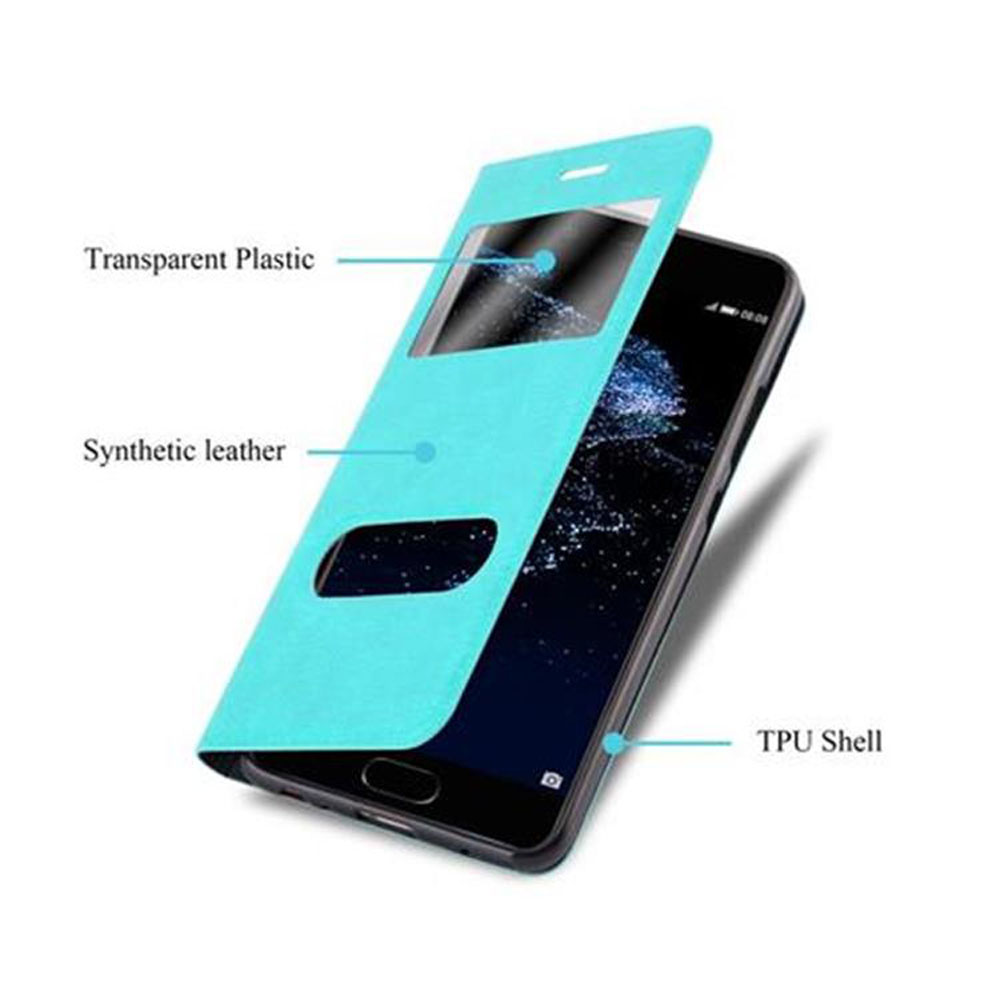 Custodia blu per telefono, aperta. Finestra in plastica trasparente e telefono visibili.