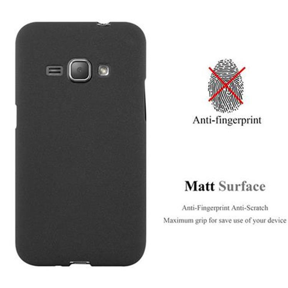 Custodia nera per telefono con fotocamera e dettagli dei pulsanti. Testo: anti-impronte, superficie opaca.