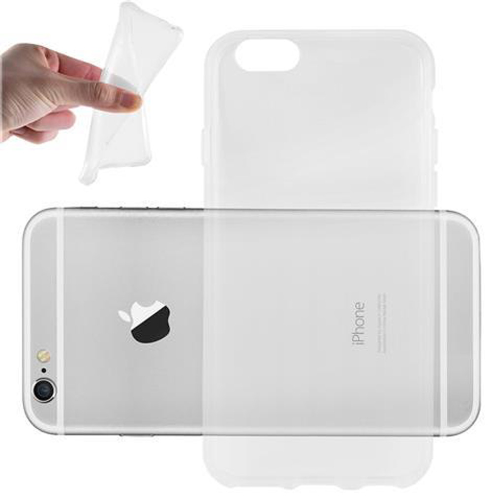 iPhone und eine transparente Hülle. Eine Hand hält die Hülle.