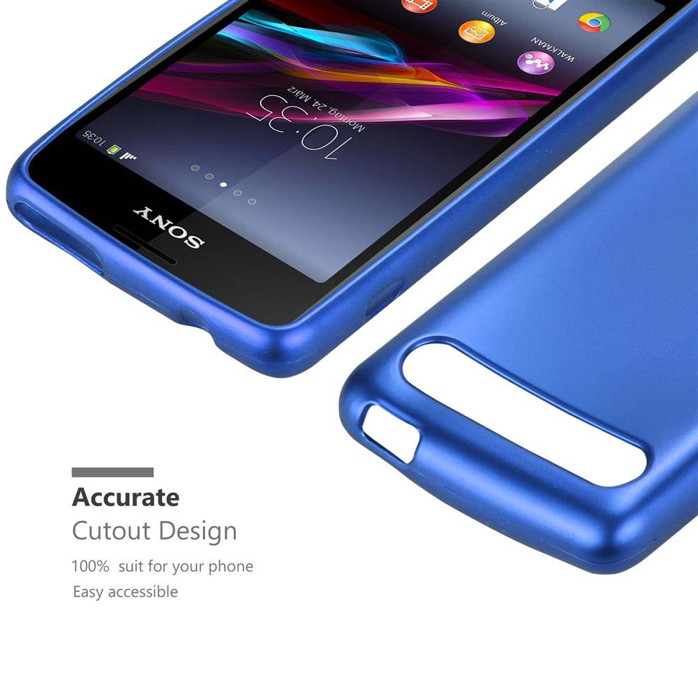 Blaue Handyhülle mit einem Telefon darin. Das Telefon hat ein Sony-Logo.