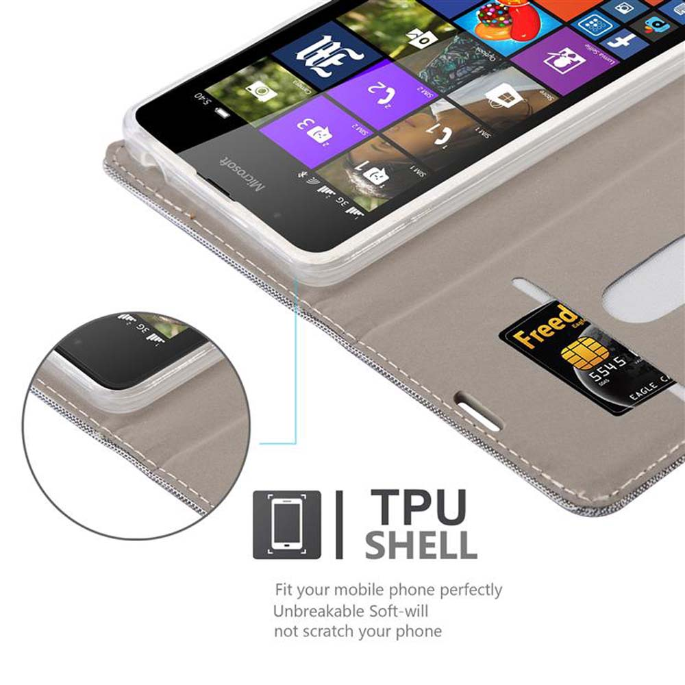 Telefono in custodia grigia, mostra lo schermo e una carta. Testo: TPU Shell. Adatta perfettamente il tuo cellulare.