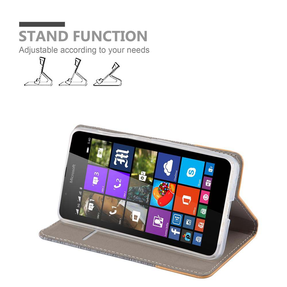 Un telefono in una custodia aperta, con icone sullo schermo e testo della funzione stand.
