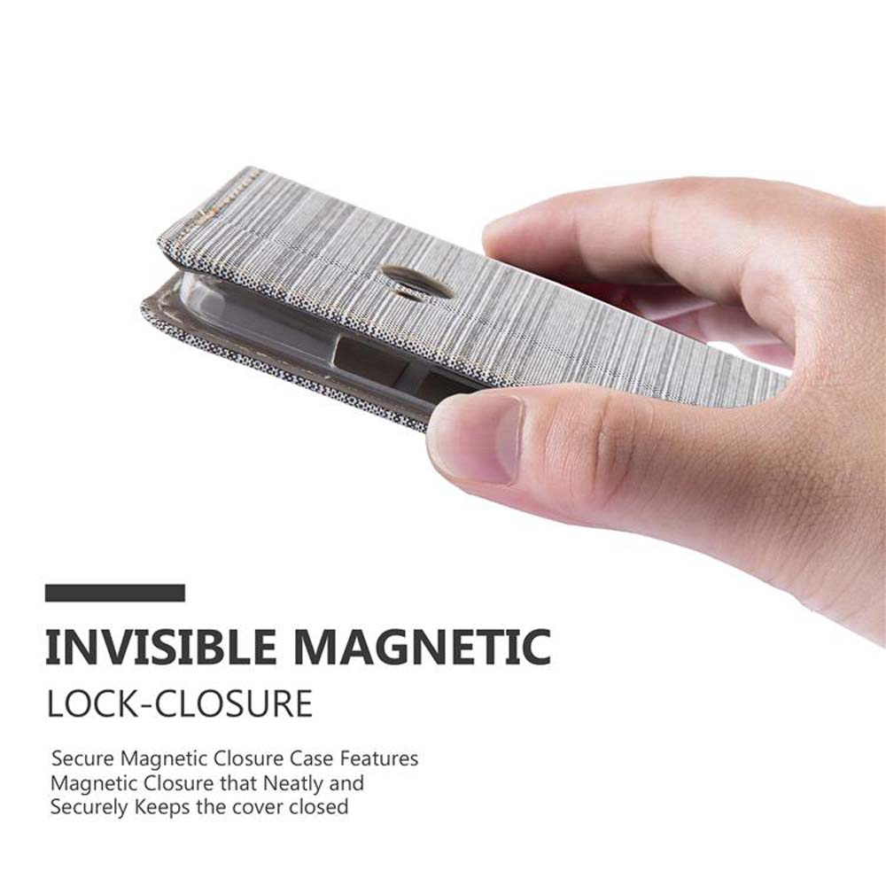 Una mano che tiene una custodia per telefono grigia. Il testo 'INVISIBLE MAGNETIC LOCK-CLOSURE' è sotto.