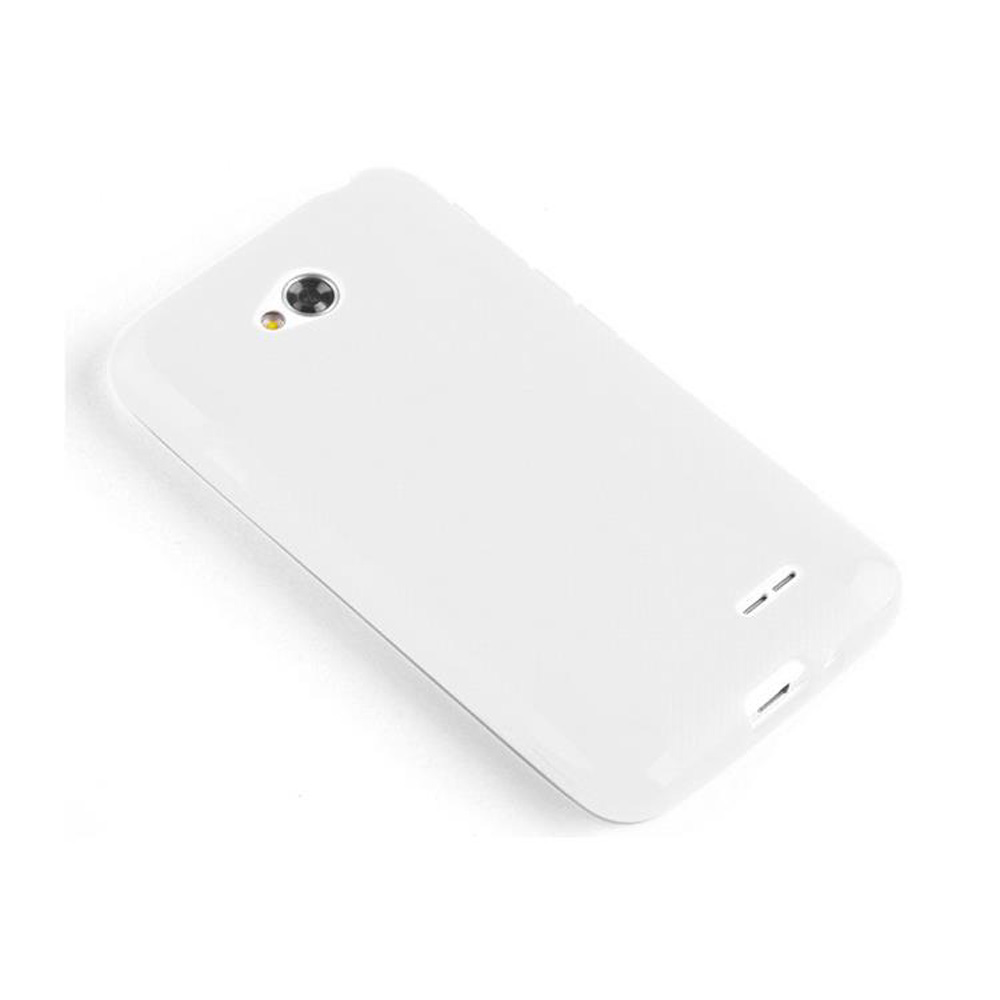 Funda trasera blanca para smartphone. Tiene una lente de cámara y dos orificios para altavoz. Aislada sobre blanco.