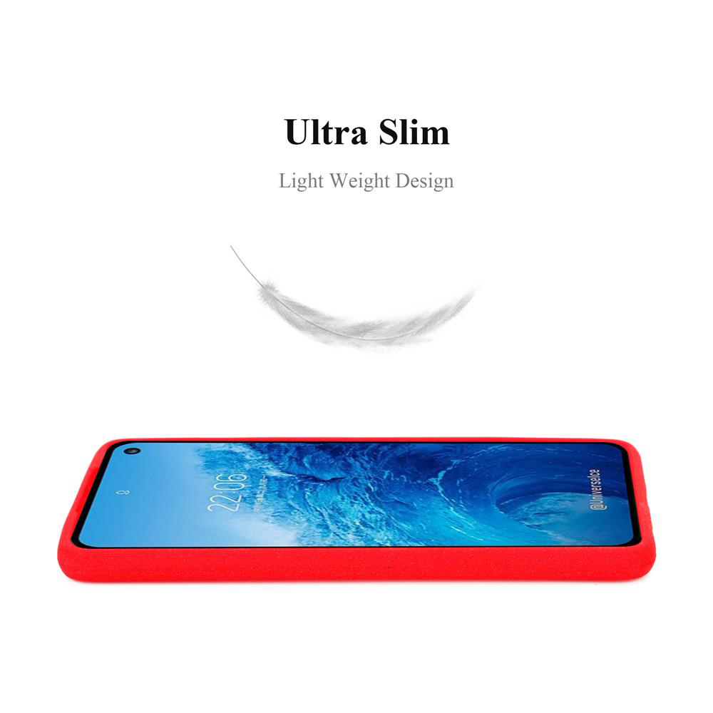 Custodia rossa per telefono su sfondo bianco. Testo Ultra Slim e design leggero e una piuma sopra.