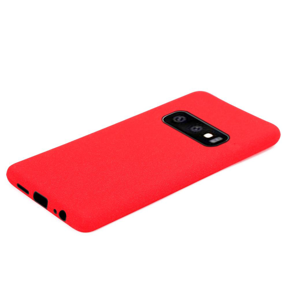 Custodia per telefono rossa. La custodia ha una fotocamera e altre funzioni sul retro.