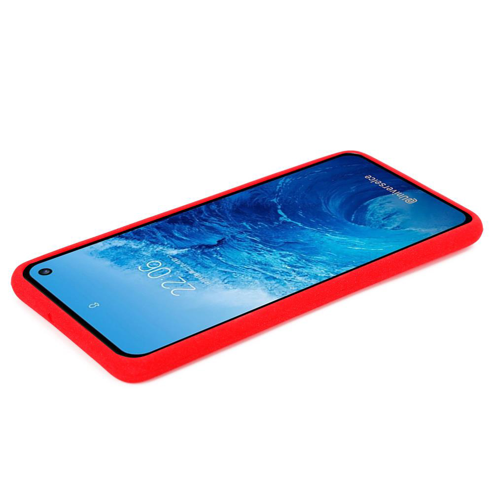 Un telefono rosso con sfondo a onde blu su sfondo bianco, con bordo rosso.