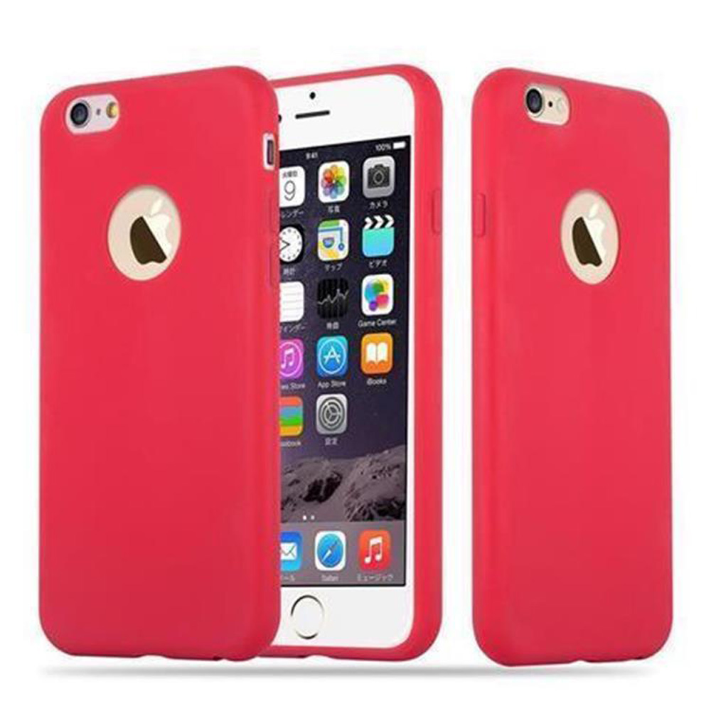 Custodia per iPhone rossa. Lo schermo del telefono mostra uno sfondo bianco con icone.