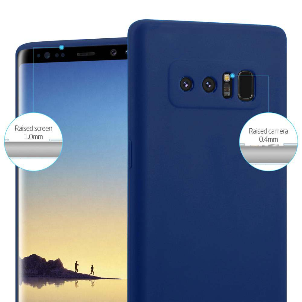 Una custodia blu per telefono con uno schermo. La fotocamera è rialzata.