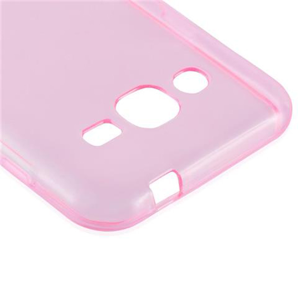 Nahaufnahme einer rosa Handyhülle mit Aussparungen für Kamera, Aufladen und andere Funktionen.