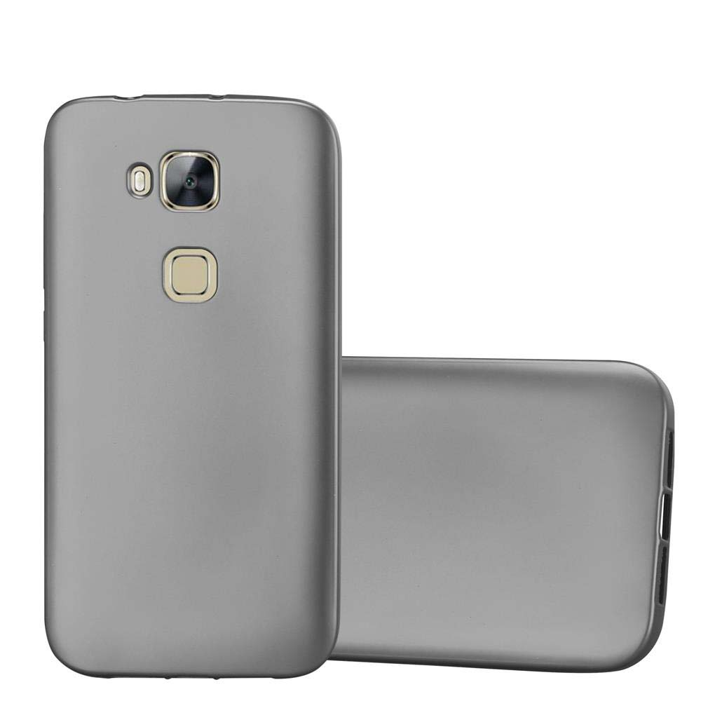 Una funda para teléfono gris. Se ven dos fundas para teléfono. Una está de pie.