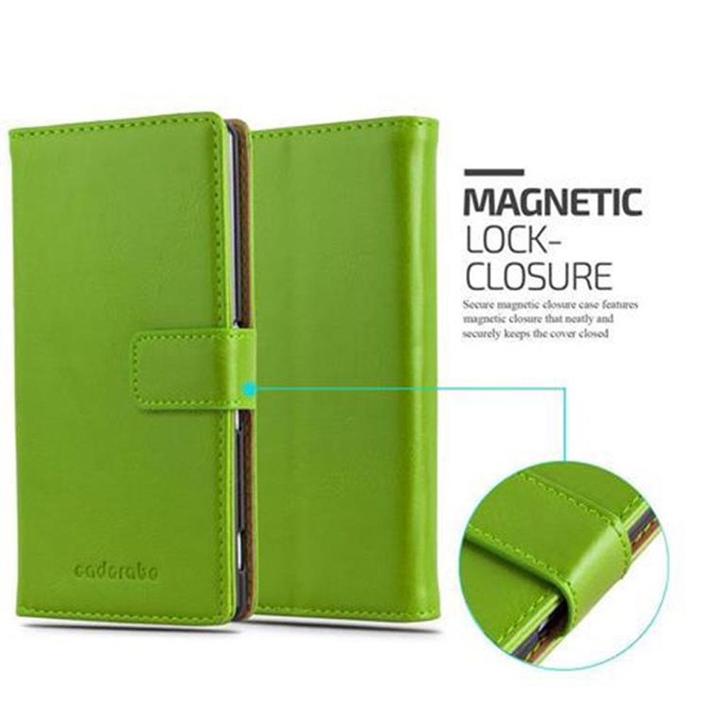 Custodia per telefono verde con chiusura magnetica. L'immagine mostra la chiusura e il nome del marchio.