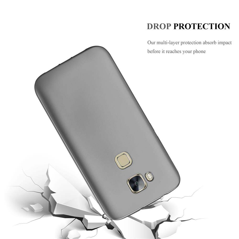 Funda gris con teléfono dentro, cayendo al suelo, grietas alrededor.