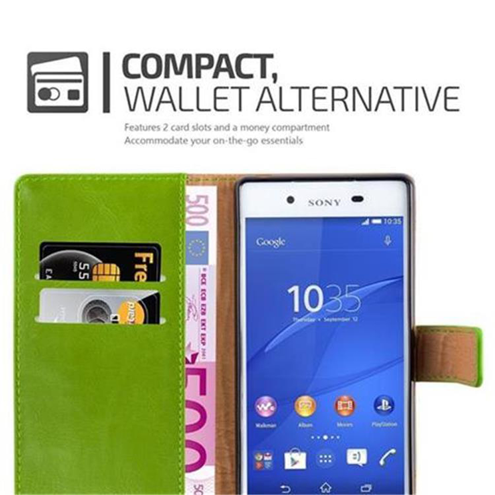 Un telefono in una custodia verde con fessure per carte di credito. Il telefono è aperto, mostrando lo schermo.